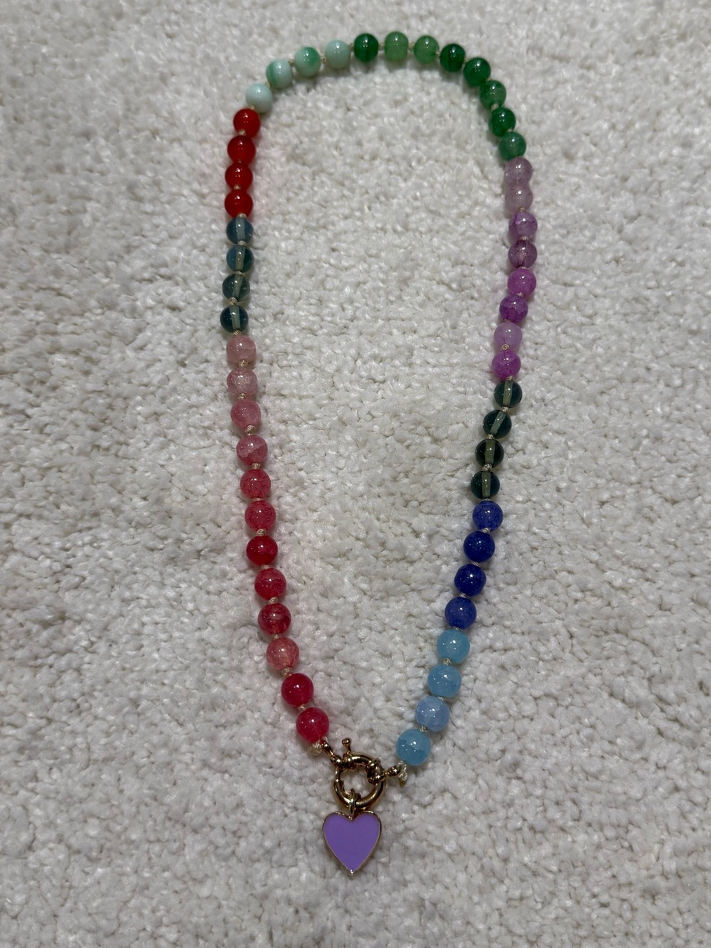 Colorful Rainbow Beaded Necklace with Purple Heart Charm Pendant Jewelry